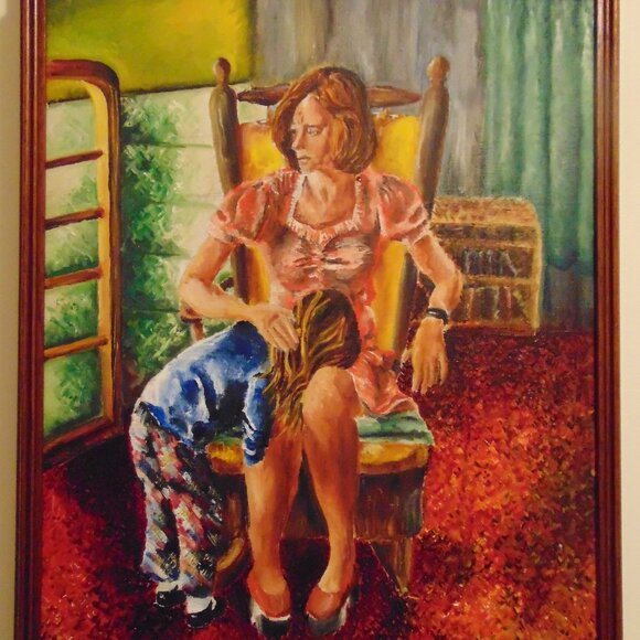 Original Oil Painting on Canvas, Little Girl & Teacher, Wood Frame, 26.3 x 22.3